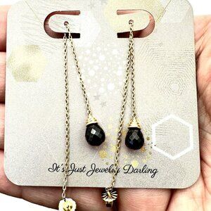 Womens Earrings 14K Yellow Gold Garnet Briolette Drop Threader Chandelier Pierce